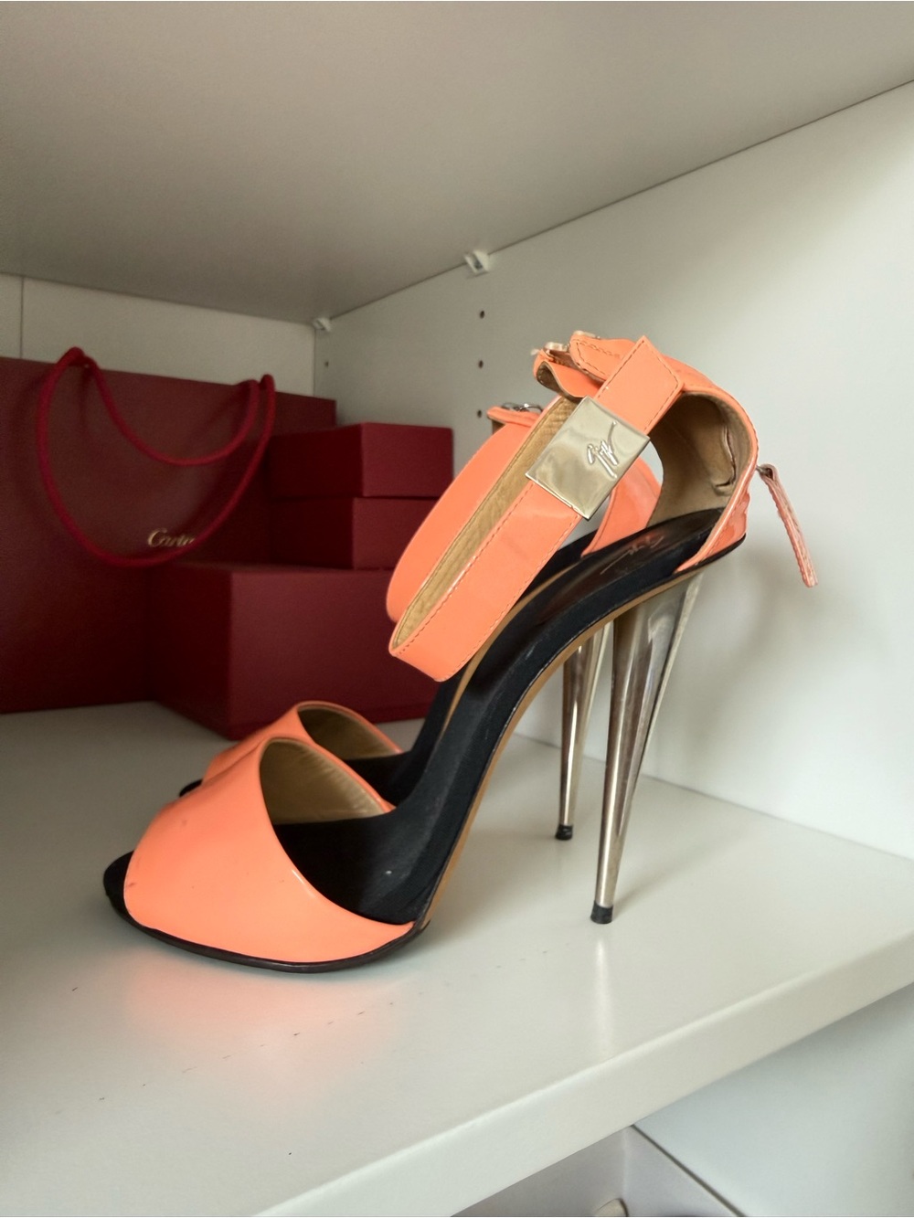 Giuseppe Zanotti Coral-Peach Open-Toe Stiletto Sandals with Metallic Heels